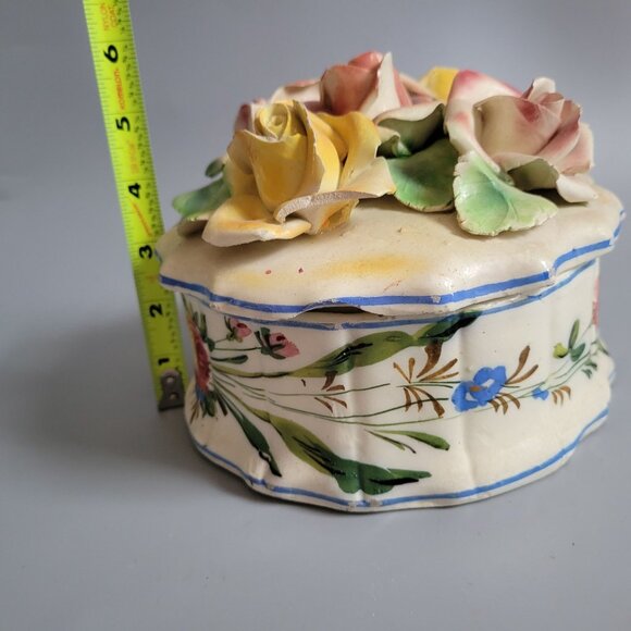 Handpainted Ceramic Capodiamante Floral Trinket Box With Raised Rose Design Made - Picture 6 of 9